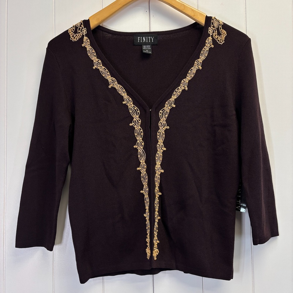 Vintage Finity Womens Y2K Retro Beaded Cardigan Sweater Size M Earthy Classic